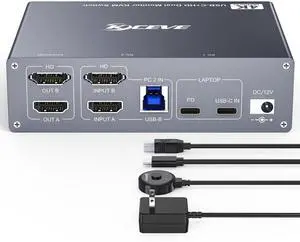 USB C HDMI KVM Switch for 1 Desktop+1 Laptop, Dual Monitor KVM Switch 4K@60Hz Support PD with USB C Cable, Wired Controller and Power Adapter