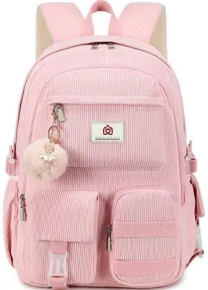Hidds School Backpack for Teens Girls Women 15.6 Inch Laptop College Backpacks Corduroy Kids Bookbag Students Travel Daypack Womens (Pink)