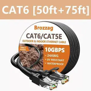 Brozzag Cat6 Ethernet Cable, (Cat6 50ft & Cat6 75ft), 10Gbps 24AWG Cat6 Network Cable, Direct Burial Cable, UTP, LLDPE, RJ45 Patch LAN Cord, Waterproof, Indoor&Outdoor, Cat5E Internet Cable