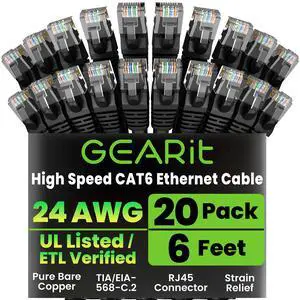 GearIT Cat 6 Ethernet Cable Pack - 20-Pack 6 ft Cat6 Ethernet Patch Cables | RJ45 Network Patch Cable, 10 Gbps Snagless Gold-Plated Connectors - Ethernet Cable Cat 6 for PC, TV, Router - Black