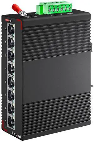 Lynxcel 8 Port Gigabit DIN-Rail Industrial Ethernet Switch, 16Gbps Switching Capacity, 10/100/1000Mbps Unmanaged Network Switch, IP40 Rated (-40 to 185°F) with One UL AC Power Supply