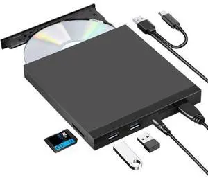 ROOFULL 5 in 1 External CD/DVD Drive with SD Card Slot & USB 3.0 Ports, USB-C Optical Disk Reader Writer CD Burner DVD Player for Windows 11/10 Laptop, Mac MacBook, Linux PC Desktop Computer