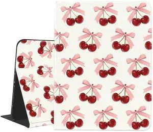 AdorableWhimsy Bowknot Cherry Printed Case for iPad 9th/7th/8th Generation(2021/2020/2019, 10.2 Inch) with Pencil Holder Folio Girly White Leather Cover Multi-Angle Viewing Stand Case Auto Sleep/Wake