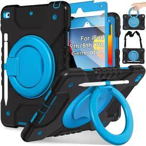 Andnary Case for iPad 9th/8th/7th Generation 10.2 inch, Shockproof Cover with Screen Protector/360° Rotating Handle/Bracket/Pen Holder/Shoulder Strap, Kids Case for iPad 2021/2020/2019 (Black+Blue)