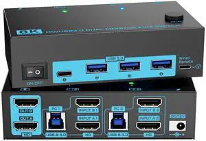 8K Dual Monitor KVM Switch Dual HDMI 2.1 2 Monitors 2 Computers 2 in 2 Out 4 Port USB 3.0 8K@60Hz/4K@120Hz KVM Switches Wired Desktop Controller & 2 USB 3.0 Cables Included