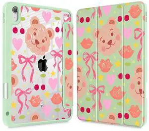 Mektron Case for 2025 iPad 11 inch (A16 Chip) 11th Gen Fit iPad 10th Gen10.9 inch 2022, Buit in Pencil Holder with Shockproof Cover Clear Shell + Trifold Stand + Auto Wake/Sleep, Teddy Bow-Green