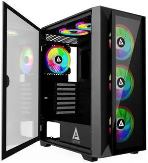 Apevia Destiny-PRO-BK Destiny Pro Mid Tower Gaming PC Case w/ 6X 120mm ARGB Fans, 366 RGB Light Modes, 1x Glass Front Panel, 1x Door Swivel Style Magnetic Glass Side Panel, 2X USB3.0, Black