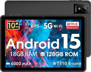 Hasskya Android 15 Tablet,10 inch Tablets,18GB RAM 128 ROM,1TB Expandable,Widevine L1 Compatible Octa-Core Tablet with WiFi 5,6000mAh,T310 CPU,Dual Camera(5MP+8MP)