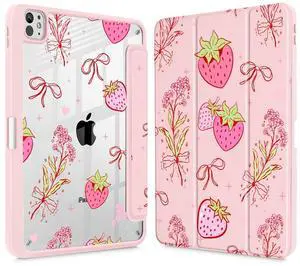 May Chen Case for iPad Pro 11-Inch M5/M4 2025/2024 (6th/5th Generation), Clear Transparent Print Back Shell Slim Stand Shockproof Tablet Cover, Auto Wake/Sleep, Strawberry Bow