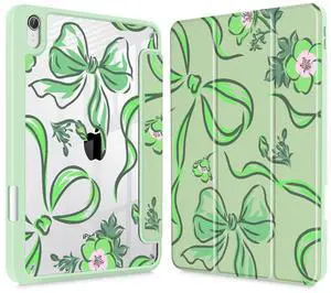 Mektron Printed Case for iPad mini 7 (A17 Pro) 2024/ Mini 6 2021, iPad mini 7th/6th Generation Case, Buit in Pencil Holder with Clear Back Shell + Trifold Stand, Flowers-Bows-Green