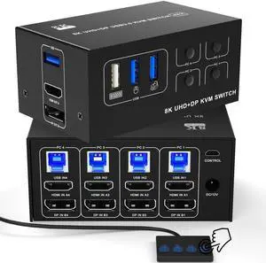KVM Switch 4 Computer 2 Monitor - 8K@60Hz 4K@120Hz HDMI and Displayport Dual Monitor KVM Switcher for 4 PC 2 Monitor, with Desktop Controller
