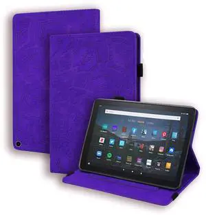 Smart Case Compatible with Amazon Fire HD 10 (11th Gen) 2021, Techcircle Mandala Embossed PU Leather Folio Stand Soft TPU Back Cover Slim Lightweight Protective Case with Card Slots+Pen Holder, Purple