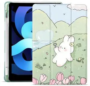 MAYCARI Cartoon Rabbit Flower Case for iPad Pro 11 Inch Case 2022/2021/2020 with Pencil Holder, Cute Animal iPad Pro 4th/3rd/2nd Generation Case with Soft TPU Green, Auto Sleep/Wake Slim Shell