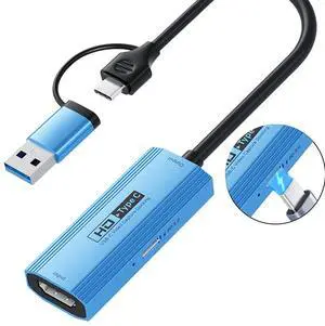 Portable 4K HDMI to USB-A/USB-C 3.0 Video Capture Card with 100W PD Fast Charging, Low Latency for Live Streaming,Gaming,and Recording (Compatible OBS, PC, Mac, PS5, Xbox, iPhone 15) Mac/Windows/Linux