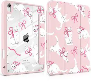 MEEgoodo Case for iPad Air 11 inch M3 2025 / M2 2024,for iPad Air 5th / 4th Generation Case 10.9 inch 2022/2020, Tablet Cover with Acrylic Transparent Back Shell, Cute White Cats & Bows
