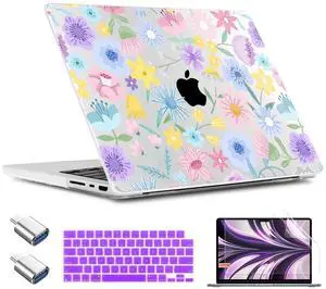 TWOLSKOO for MacBook Pro 16 inch Case M4 A3403 A3186 M3 A2991 M2 A2780 M1 A2485 (2024-2021) Pro/Max, Plastic Hard Shell & Keyboard Cover & Type C Adapter & Screen Protector, Spring Blooms