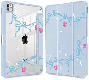 May Chen for iPad Pro 13 Inch Case M5 2025 / M4 2024, Built Pencil Holder & Clear Transparent Print Back Shell Slim Stand Shockproof Tablet Cover, Auto Wake/Sleep, Cherry Blossom Bow