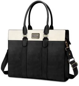 MOSISO Laptop Bag for Women, 15.6 inch PU Leather Laptop Tote Work Bags, 15.6-16 inch Large Capacity Double Vertical Stripes Computer Briefcase Waterproof Bag for Office Travel, Black