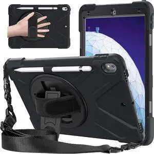iPad Air 3 10.5" 2019 Case, iPad Pro 10.5 Case 2017, Heavy Duty Carrying Rugged Protective Case with 360 Degree Rotating Stand, Handle Hand Grip Shoulder Strap for Apple Tablet Cover Skin Kids Black