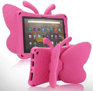 JGY Fire 7 Kids Tablet 2022 Case - Butterfly Design for Girls, EVA Full Cover With Stand, Sturdy Shockproof Rugged Protection (Rose)