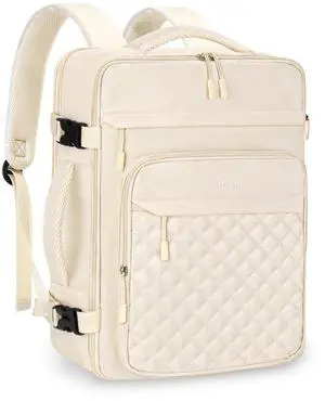 MOSISO Travel Backpack for Women Men, 15-15.6 inch Rhombus Quilted Laptop Backpack Flight Approved with Packing Cubes, 16 inch Carry on Daypack with USB Port for College Work Business, Beige