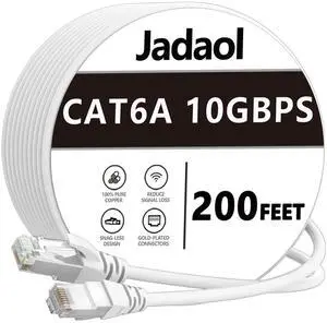 Jadaol Cat6a Ethernet Cable 200 ft, Slim Round 28AWG, 10Gbps 550MHz High-Speed Pure Copper RJ45 LAN Cable, Indoor Snagless Flexible Internet Network Patch Cord for Router, Modem, Switch, Gaming, White