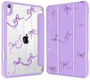 May Chen Slim Case for iPad mini 7 (A17 Pro, 7th Generation) 2024 / iPad mini 6 (6th Gen) 8.3 Inch, [Built-in Pencil Holder] Shockproof Cover Clear Clear Back Shell Auto Wake/Sleep, Purple Stars Bow