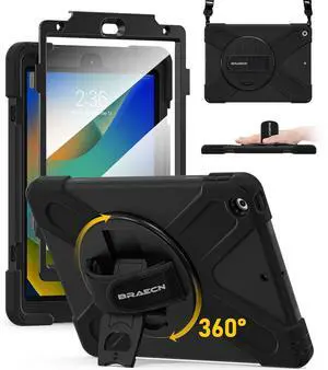 BRAECN for iPad 9th Generation Case, iPad 10.2 Case with Built in Screen Protector, Hand Strap, Swiveling Stand, Shoulder Straps, Heavy Duty Rugged Case for iPad 8th/7th Gen 10.2 Inch-Black