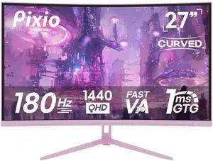 Pixio PXC278 Wave Pink 27 inch 180Hz Refresh Rate QHD 1440p Resolution 1650R Curved Fast VA Panel 1ms GTG Response Time Adaptive Sync HDR Curved Gaming Monitor