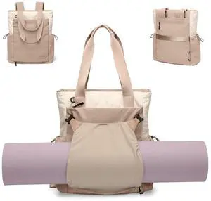 GOLF SUPAGS Convertible Laptop Backpack Yoga Sports Bag Quilted Tote Bag, Yoga Mat Carrier Bag for Travel, Fitness, Office and Shopping (Gravel Brown & Beige)