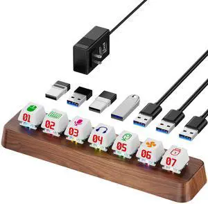 FEIFANZHE 7-Port USB 3.0 Powered Hub, RGB Lighting, Hot-Swappable Cherry MX Switch Support, 5Gbps Speed, Includes 12V/2A Power Adapter, Walnut Wood Cyberpunk USB Dock-FU0736