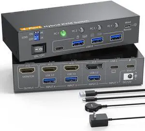 KVM Switch 4 Computers 1 Monitor, Reyoten 4K@60Hz Laptop and Desktop USB-C KVM Switches, EDID 4 Computers 1 Monitor DP Switch, 4K Switch for 4 PCs Share Keyboard Mouse Printer