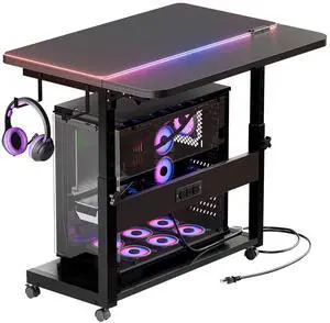 ZIFTY Height Adjustable Computer Tower Stand, Large PC Stand CPU Holder Cart with Charging Station, Folding End Table for ATX Case Printer, Rolling Wheels Mouse Pad for Gaming, Home, Office