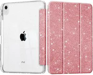 Tuiklol Sparkly Case for iPad Air 11 Inch 7th/6th Gen 2025 2024 & iPad Air 10.9 Inch 5t /4th Gen 2022 2020,Built in Pencil Holder with Clear Back Shell Cover Trifold Auto Wake/Sleep, Sparkly-Pink