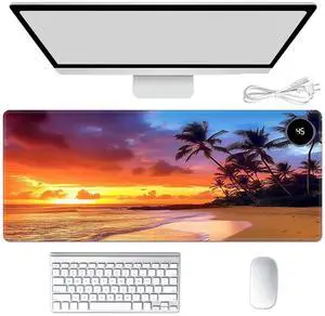 Heated Mouse Pad Hand Warmer, Warm Desk Pad Mousepad Desk Mat with 3 Levels Heating and Auto Shut Down 31.5 x 13 inch PU Leather Warmer Keyboard Mat for Gaming Laptop Office Home, Sunset Beach
