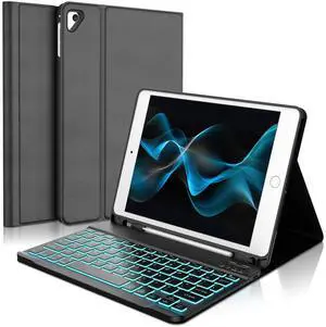 WINCHKING Backlit Keyboard Case for iPad 9.7 Inch,5th/6th Generation(2017/2018)&Air 2/1 (2014),7-Color Backlit,Detachable Wireless Keyboard with Built-in Pencil Holder Case for iPad Pro 9.7",Black