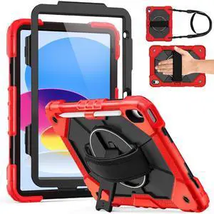 Weuiean Case for iPad A16 11th/10th Generation 11"/10.9", Military-Grade Heavy-Duty Shockproof Cover with 360° Rotating Stand, Built-in Pencil Holder & Adjustable Hand/Shoulder Strap - Red+Black