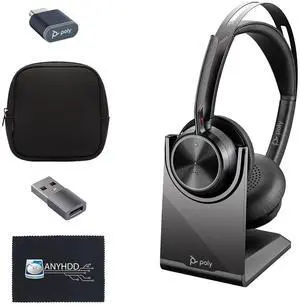 ANYHDD Poly Voyager Focus 2 UC Wireless Headset & Charge Stand - Headphones + Charging Station + USB-C to A Adapter + USB Dongle + Pouch + Microfiber Cloth