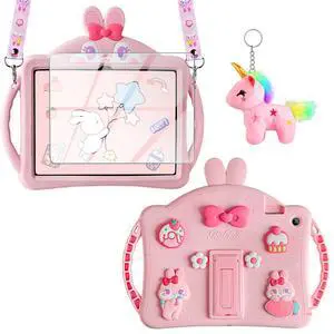 WESADN for Samsung Galaxy Tab A9+/ A9 Plus Case for Kids Girls with Screen Protector Lanyard Kickstand Keychain Cute Rabbit Silicone Protective Tablet Cover for Galaxy Tab A9 Plus 11 Inch 2023 Pink