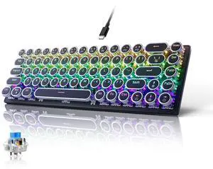 65% Wired Mechanical Gaming Keybaord, Compact 68 Keys Mini Keyboard with Arrow Keys, RGB Rainbow Backlight, Hot-swappable Switch, Retro Round Keys for PC/Laptop Gamer(Blue Switch Black)
