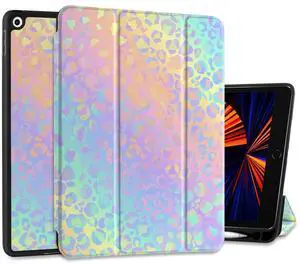 DONGKE Case Compatible with iPad 10.2 Inch 2021 2020 2019 iPad 9th/8th/7th Generation with Pencil Holder, Slim Stand Protective Case with Soft TPU Back, Auto Sleep/Wake Cover, Colorful Leopard