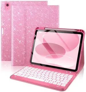 typecase Folio Keyboard Case for iPad 10th Gen 10.9 inch (2022) and iPad 11th (A16, 2025), Magnetic Wireless Detachable Keyboard, 7-Color Backlight, Thin & Light, Pencil Holder  Rose Red Glitter