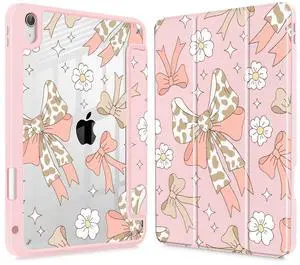 Tuiklol Case for iPad 11 inch (A16 Chip) 2025 Gen 11th / iPad 10.9 inch 2022 10th Gen, Buit in Pencil Holder with Shockproof Cover Clear Transparent Back Shell Auto Wake/Sleep,Leopard Bow Gary