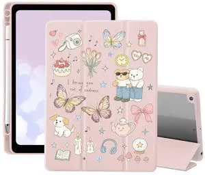 Kawaii Girls Preppy Case for iPad 5th/6th Generation(2017/2018), for iPad Air/Air 2 9.7 Inch with Pencil Holder Trifold Stand Pink Leather Girly Cover Clear Back Shell Auto Wake/Sleep