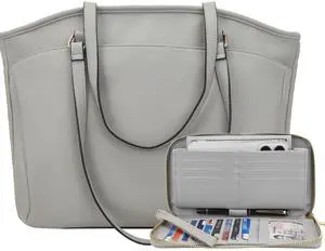YZAOLL 15.6 Inch Laptop Tote Bag for Women,Water-resistant Vegan Leather with Anti-Scratch Padded Sleeve,Lightweight Multi-Pocket Work Bag for Business Travel,College,Office Essentials,Grey