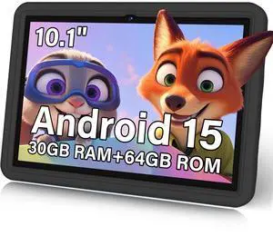 DMOAO 10.1 Inch Kids Tablet Android 15-30GB RAM+64GB ROM(1TB Expandable), Octa-Core 2.0GHz, Anti-Blue Light Screen, 6000mAh, WiFi 6, 5MP+8MP, Parental Controls, EVA Case, Preloaded Edu Apps - Black