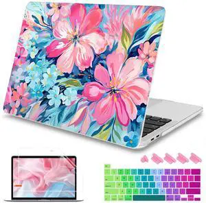 Mektron Case for MacBook Pro 16 Inch A2141 Cover 2019 Release 16" with Liquid Retina Display/Touch ID, Plastic Hard Shell with Keyboard Skin & Screen Protector & Dust Plug, Hand-Painted Flowers