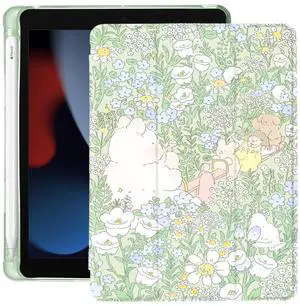 Cute Kawaii Flower for iPad Air 11 Inch Case 7th/6th Generation (M3/M2) 2025/2024 with Pencil Holder, Auto Sleep/Wake, Green Leather Soft TPU Back Cover