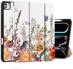 DONGKE Case for iPad Pro 13 inch (M5 2025 / M4 2024)  [Built-in Pencil Holder] Ultra Slim PU Leather Trifold Stand Cover with Soft TPU Back, Auto Wake/Sleep - Floral
