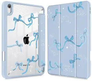 Tuiklol Clear Case for iPad mini 7 (A17 Pro 7th Generation) 2024 / iPad mini 6 (6th Generation) 2021 8.3 Inch,Built-in Pencil Holder Slim Transparent Back Shell Cover Auto Wake/Sleep, Bow-Blue